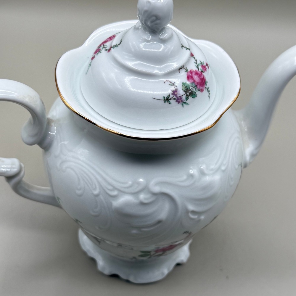 Wawel Poland Porcelain Teapot Pink Roses Gold Trim Embossed White Floral Vintage - Picture 5 of 7
